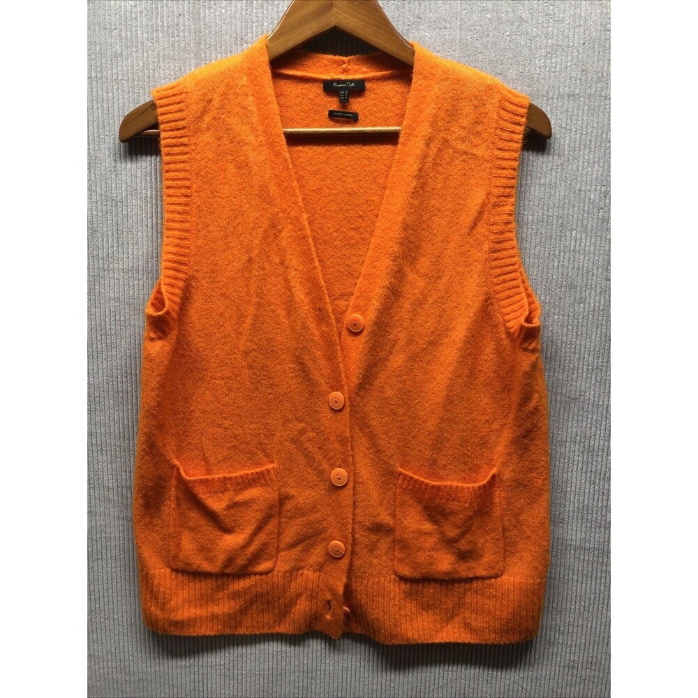 Massimo Dutti Womens V Neck Sleeveless Vest Cardigan M Orange Wool Blend Preppy